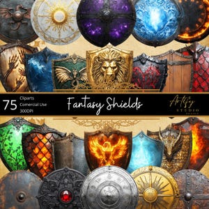 75 Fantasy Schilde Cliparts, Kommerzielle Nutzung, Dnd, RPG, PNG, Sammlung für Fantasy-Kunst und Design, für Spielleiter und Künstler. Mega Bündel