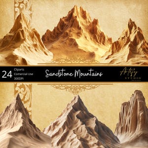 May include: 24 digital clipart images of sandstone mountains in various shapes and sizes. The mountains are a light brown color and have a textured surface. The images are perfect for adding a natural element to your designs.