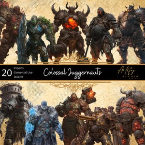 May include: Digital art featuring a collection of colossal juggernauts. The image showcases various fantasy characters with detailed armor, horns, and glowing elements. The text on the image reads "20 Cliparts Commercial Use 300DPI" and "Colossal Juggernauts".