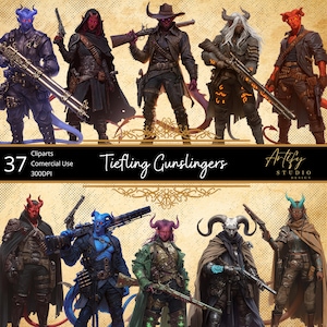 Pistoleiros Tiefling – 37 Atiradores Infernais com Armas de Fogo, Cliparts de Fantasia, Fundo Transparente, Uso Comercial