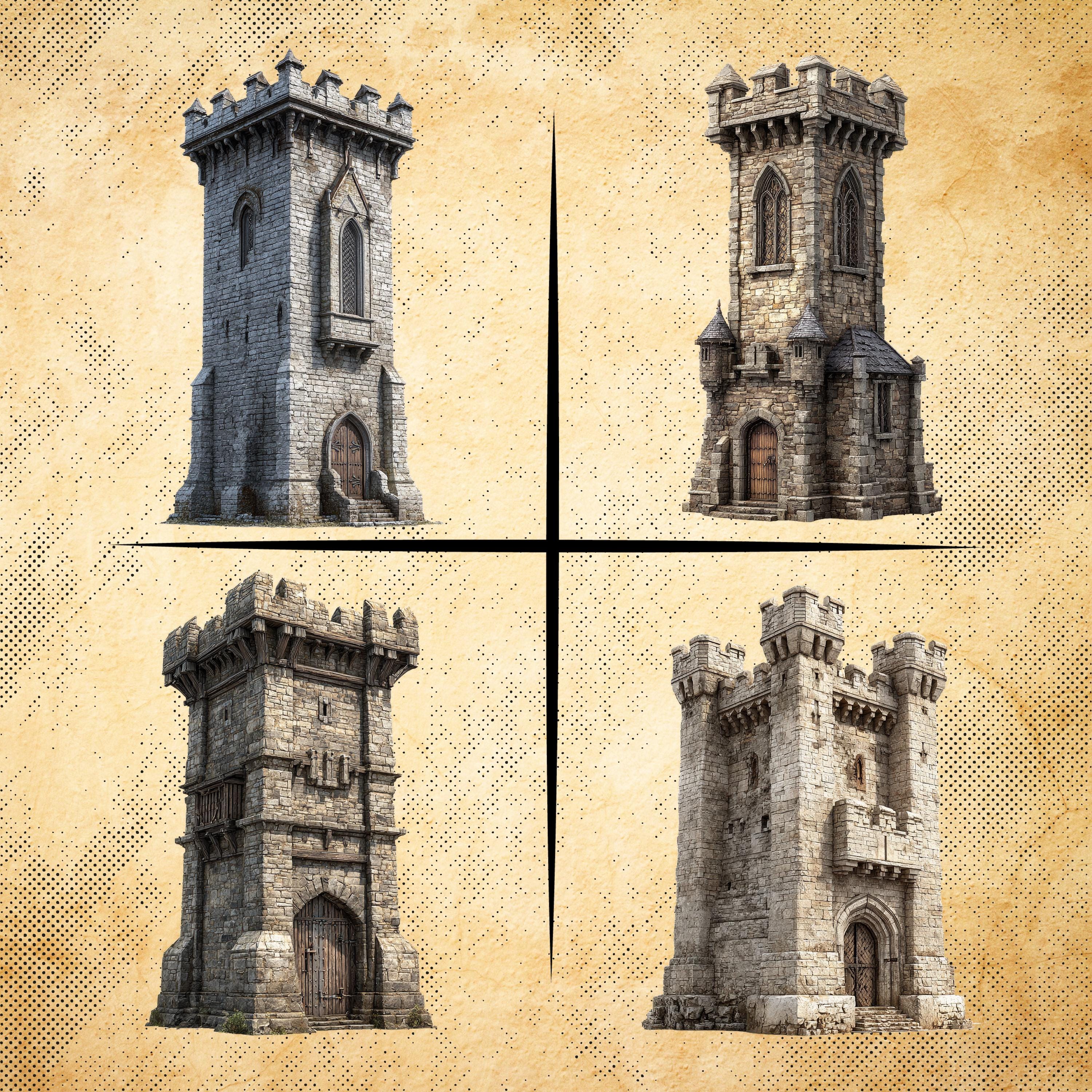  Medieval Guard Towers – 24 Fortified Watchtower Cliparts , Transparent Illustration 