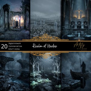 May include: A digital artwork collection titled "Realm of Hades" featuring 20 images. The images depict dark, atmospheric scenes with ghostly figures, ancient ruins, and a boat on a misty lake. The artwork is 8.5x11 inches and for commercial use.