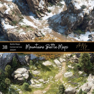 May include: A digital art image of a mountain battle map. The map features a winding path through a valley, with snow-capped peaks and rocky terrain. The text "Mountains Battle Maps" is displayed.