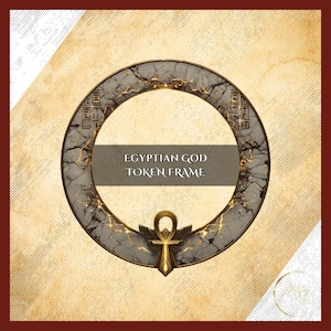 Puede incluir: Marco de token circular con temática egipcia. El marco es gris con detalles dorados y presenta jeroglíficos y un símbolo Ankh. El texto "EGYPTIAN GOD TOKEN FRAME" se muestra en el centro del marco.