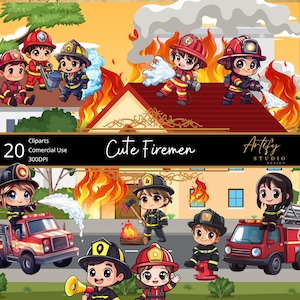 Cute Chibi Firemen Cartoon Cliparts, Commercial Use, kawaii characters,PNG, cute firefighter,transparent background,Instant Download