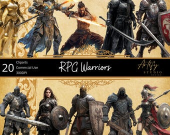 May include: A set of 20 digital illustrations of RPG warriors in various poses and armor. The warriors are depicted in a fantasy style, with swords, shields, and other weapons. The illustrations are perfect for use in role-playing games, video games, or other creative projects.