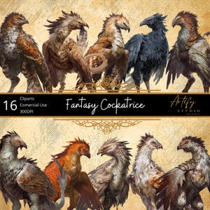 Fantasy Cockatrice – 16 Clipart di bestie mitologiche per TTRPG e design fantasy, Clipart, sfondo trasparente, uso commerciale