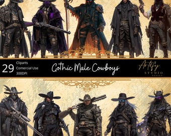 Gothic Male Cowboys – 29 Dark Western Outlaw Cliparts , Transparent Background , Commercial Use
