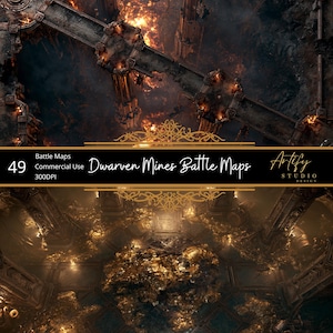 May include: A digital collection of 49 Dwarven Mines Battle Maps with 300DPI resolution. The image displays two scenes: an upper view of a stone bridge over glowing lava and a lower view of a dark, cavernous chamber filled with piles of gold treasure.