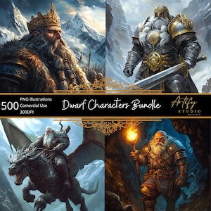 Könnte beinhalten: Ein digitales Illustrationspaket mit vier Zwergenfiguren. Die Figuren sind in verschiedenen Posen und Umgebungen dargestellt, darunter ein König auf einem Thron, ein Krieger mit einem Schwert, ein Reiter auf einem Drachen und ein Bergmann mit einer Spitzhacke. Die Illustrationen sind im Fantasy-Stil gehalten und zeigen detaillierte Rüstungen, Waffen und Gesichtsausdrücke.