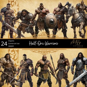 Guerreros semiorcos: 24 imágenes prediseñadas de DND de fantasía feroz, fondo transparente, uso comercial