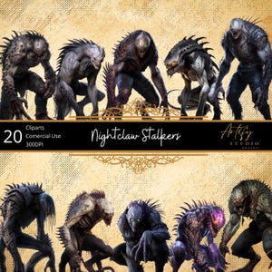 Puede incluir: Ilustración digital que presenta una colección de criaturas monstruosas, los "Nightclaw Stalkers", en varias poses. La imagen incluye el texto "20 Cliparts Commercial Use 300DPI" y el logotipo "Artify Studio Design".