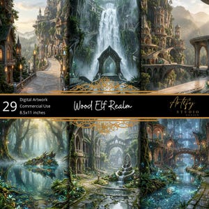 Op de afbeelding: Een collectie van 29 digitale kunstwerken getiteld Wood Elf Realm, met afmetingen van 21,59x27,94 cm. De afbeeldingen tonen gedetailleerde architecturale structuren, stenen bruggen, watervallen en weelderige boslandschappen met lichtgevende blauwe flora.
