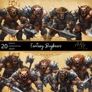 Fantasy Bugbears: 20 imágenes prediseñadas aterradoras de guerreros salvajes, fondo transparente, uso comercial