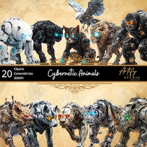 Animales cibernéticos: animales cibernéticos futuristas, imágenes prediseñadas de fantasía, fondo transparente, uso comercial