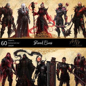 May include: Digital art featuring multiple figures of Blood Elves, each in detailed armor with red and black color schemes. The image includes the text "Blood Elves" and "Artify Studio Design."
