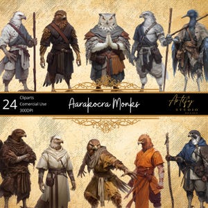 Monges Aarakocra – Artistas Marciais Skyborne, Cliparts de Fantasia, Fundo Transparente, Uso Comercial