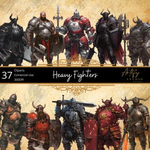 Heavy Fighters – 37 guerreiros blindados da classe Tank para TTRPG e RPGs de fantasia, cliparts, fundo transparente, uso comercial