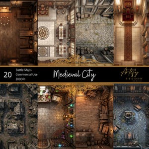 Op de afbeelding: Een verzameling van 20 digitale gevechtskaarten met een middeleeuws stadsthema. De kaarten tonen verschillende locaties, waaronder een taverne, een grote zaal en een stadsstraat. De titel "Medieval City" is in elegant schrift weergegeven.