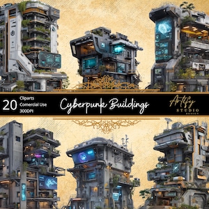 May include: Digital illustration of six futuristic cyberpunk buildings. The buildings are a mix of gray, silver, and green, with glowing blue screens and accents of vegetation. The image includes the text "20 Cliparts Commercial Use 300DPI" and "Cyberpunk Buildings".