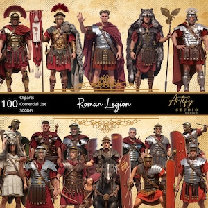 May include: A digital collection of 100 Roman Legion cliparts featuring soldiers in metallic armour, red tunics, and capes. The images display various poses, including soldiers with shields, spears, and a horse, set against a textured gold background.