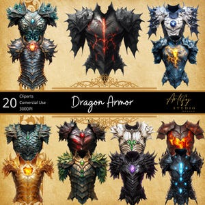 Imágenes prediseñadas de armadura de dragón: imágenes PNG de armaduras de rol de fantasía para juegos de rol y diseño de juegos, imágenes prediseñadas de fantasía, fondo transparente, uso comercial