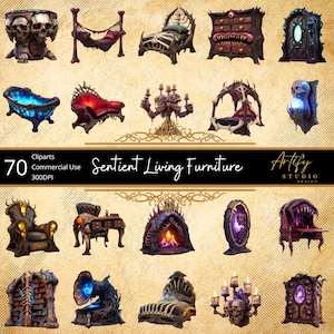May include: A collection of 70 clip art images featuring Sentient Living Furniture. The images showcase various pieces of furniture with a gothic or fantasy theme, including beds, chairs, and cabinets. The furniture designs incorporate skulls, bones, and other eerie elements.