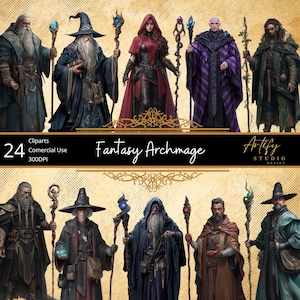 Fantasy Archmage – 24 Powerful Sorcerers and Wizards Cliparts , TTRPG illustrations, Transparent Background , Commercial Use