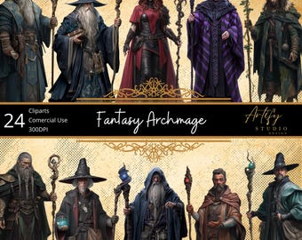 Könnte beinhalten: Digitales Kunstwerk mit 10 Fantasy-Erzmagiern, jeder mit einzigartigen Roben, Stäben und Gesichtsausdrücken. Die Erzmagier sind in verschiedenen Farben dargestellt, darunter Blau, Lila, Rot und Grün. Der Text "Fantasy Archmage" und "24 Cliparts Commercial Use 300DPI" ist enthalten.