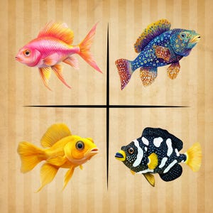 以下が含まれることがあります： 縞模様の背景に、カラフルな魚のイラストが4つ描かれています。左上の魚はピンク、右上の魚は黄色い斑点のある青、左下の魚は黄色、右下の魚は白黒です。