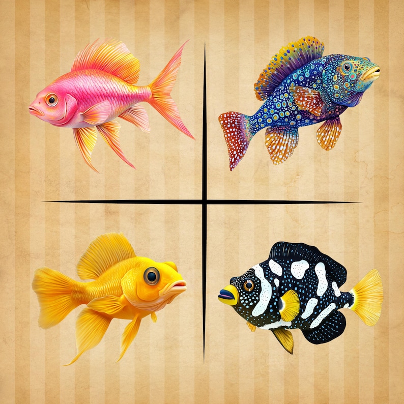 以下が含まれることがあります： 縞模様の背景に、カラフルな魚のイラストが4つ描かれています。左上の魚はピンク、右上の魚は黄色い斑点のある青、左下の魚は黄色、右下の魚は白黒です。