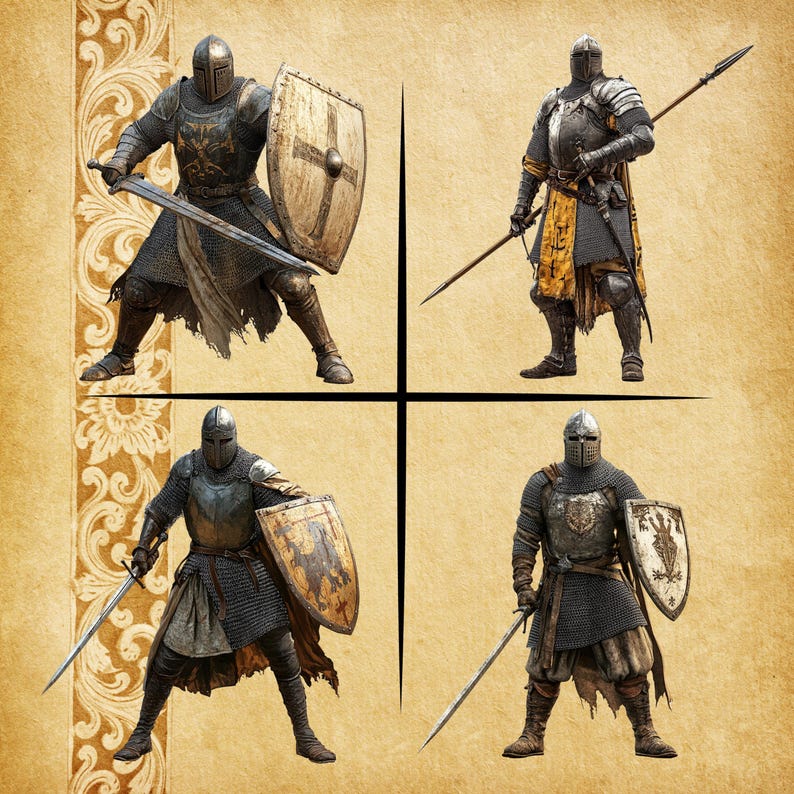 May include: Four images of medieval knights in full armor, each in a different pose. The knights wear helmets, chainmail, and metal armor, and carry swords, shields, and spears. The background is a parchment-like texture.