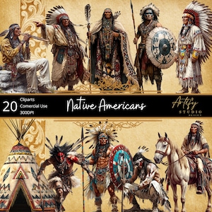 Puede incluir: Un conjunto de 20 imágenes de clipart digital que representan a personas nativas americanas con vestimenta tradicional. Las imágenes están en una variedad de poses e incluyen tanto hombres como mujeres. Las imágenes son perfectas para usar en scrapbooking, creación de tarjetas y otros proyectos de manualidades.