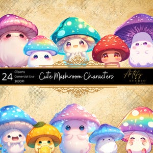 Champignons fantastiques mignons - personnages de la forêt kawaii, cliparts fantastiques, fond transparent, usage commercial