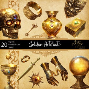 Cliparts d'artefacts dorés fantastiques, usage commercial, dnd, RPG, PNG, collection pour l'art et le design fantastiques, pour les maîtres de jeux et les artistes.