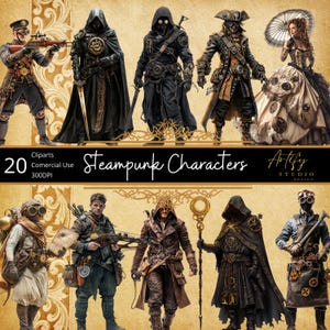 Imágenes prediseñadas de personajes steampunk: figuras únicas inspiradas en el steampunk para proyectos creativos: 20 PNG aislados