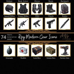 May include: A set of 74 icons depicting modern role-playing game gear, including weapons, armor, and other items. The icons are in a grid format with a black background and gold accents. The text "Rpg Modern Gear Icons" is at the top of the grid.