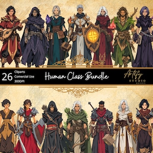 May include: A digital art bundle featuring 26 cliparts of various human class characters. The characters are dressed in fantasy attire, with a variety of weapons and accessories. The title "Human Class Bundle" is displayed in the center.
