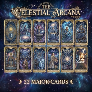 May include: A set of The Celestial Arcana tarot cards featuring 22 major arcana cards with cosmic, celestial, and mythological illustrations. Each card has a gold-toned border and depicts figures like The Fool, The Magician, and The Empress against a deep blue starry nebula background with text labels.