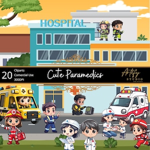 Süße Chibi Sanitäter Cartoon Cliparts, kommerzielle Nutzung, Kawaii Charaktere, PNG, niedlicher Sanitäter, Notfallstopp, Sofort Download