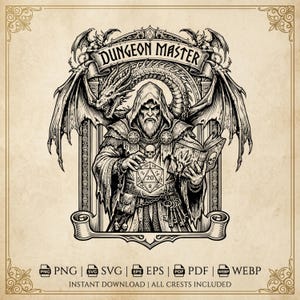 May include: A black and white line art illustration featuring a hooded figure labeled Dungeon Master, holding an open book and a twenty-sided die. The design includes a dragon, gargoyles, keys, and skulls, with file format text PNG, SVG, EPS, PDF, WEBP.