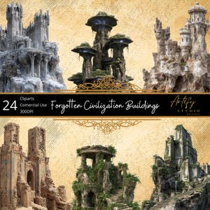 Könnte beinhalten: Digitales Kunstbild mit 24 Cliparts von Fantasy-Gebäuden. Das Bild zeigt Burgen, Türme und einzigartige architektonische Strukturen. Der Text "Forgotten Civilization Buildings" ist zu sehen.