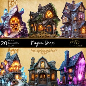 Pode incluir: Uma ilustração digital de 20 lojas mágicas com janelas brilhantes e detalhes de cristal. As lojas estão sobre um fundo dourado e marrom com o texto "Magical Shops" no centro.