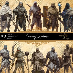 Múmias Guerreiras – 32 Guardiões Mortos-Vivos de Tumbas Antigas, Cliparts de RPG de Fantasia, Fundo Transparente, Uso Comercial