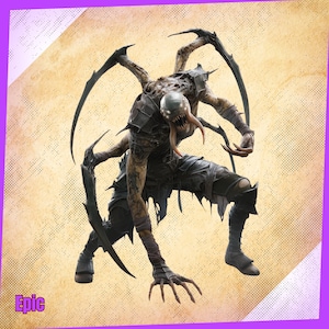 Puede incluir: Una criatura amenazante con múltiples extremidades y garras afiladas, posada sobre un fondo texturizado. La criatura tiene una cara grotesca con dientes afilados y una lengua larga. La palabra "Epic" se muestra en un cuadro rosa en la esquina inferior izquierda.