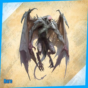 May include: A detailed illustration of a monstrous creature with large wings, sharp claws, and a skeletal appearance. The creature has a pale green and gray color scheme with red accents. The word "Rare" is displayed in a blue box.