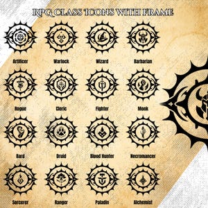 May include: A collection of black RPG class icons with a frame, set against a textured, tan background. The icons include Artificer, Warlock, Wizard, Barbarian, Rogue, Cleric, Fighter, Monk, Bard, Druid, Blood Hunter, Necromancer, Sorcerer, Ranger, Paladin, and Alchemist.