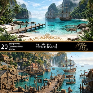 May include: Digital artwork showcasing two scenes of a tropical island with pirate ships, docks, and vibrant greenery. The top scene features a wooden pier extending into turquoise water. The bottom scene depicts a busy harbour with multiple ships and buildings. Text reads "Pirate Island".