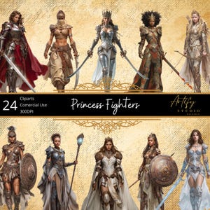 Princesas Luchadoras: 24 imágenes prediseñadas de princesas guerreras de fantasía feroz, fondo transparente, uso comercial