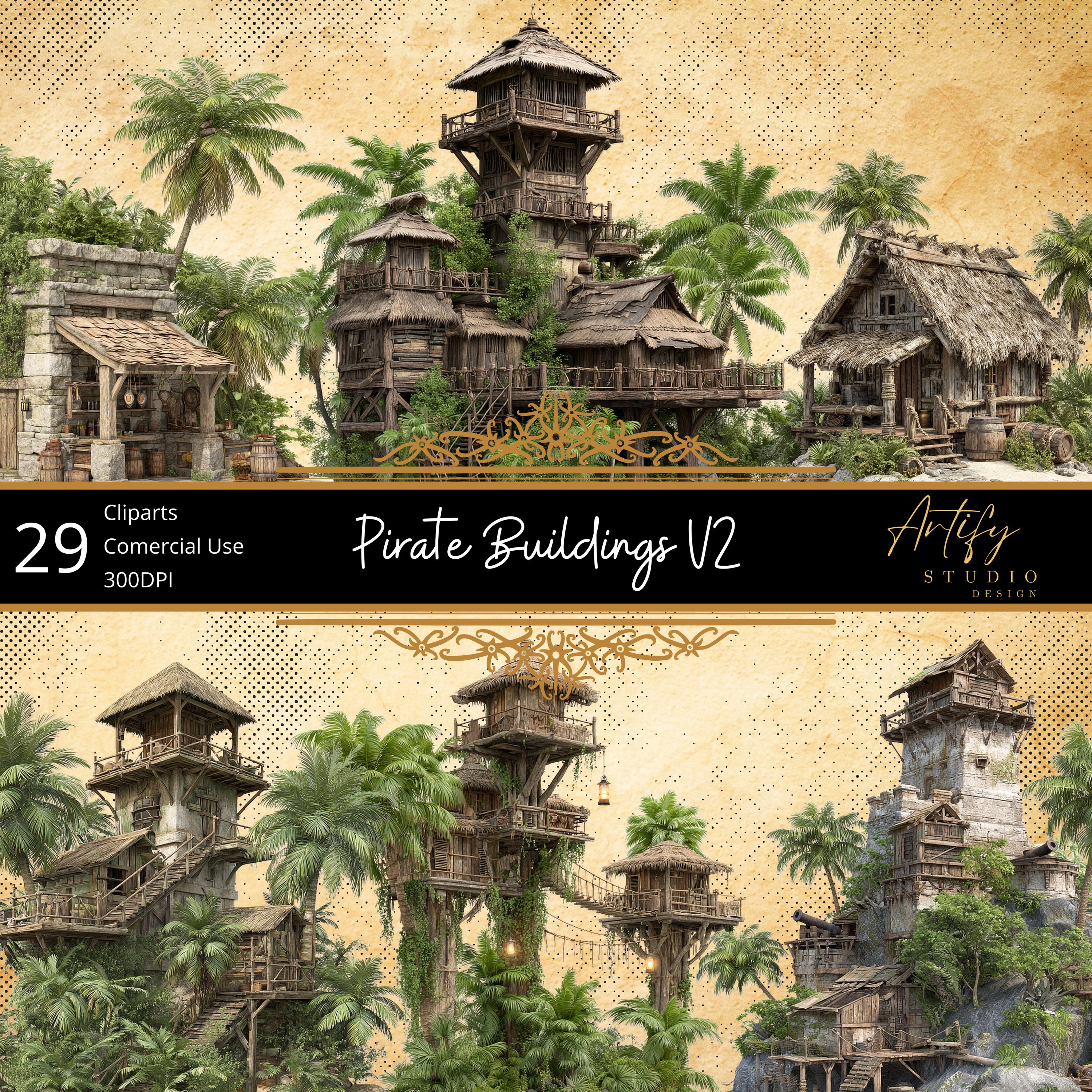 pirate-buildings-29-cliparts-with-integrated-tropical-vegetation